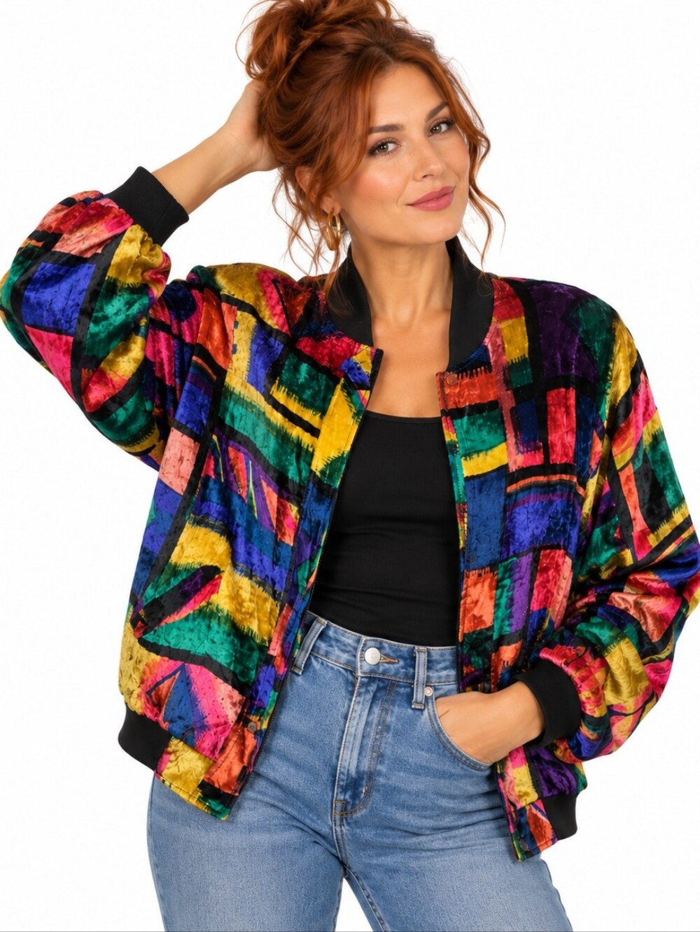 Vintage Effeci Colorful Velvet Bomber Jacket Abstract Print Zip M 80s 90s